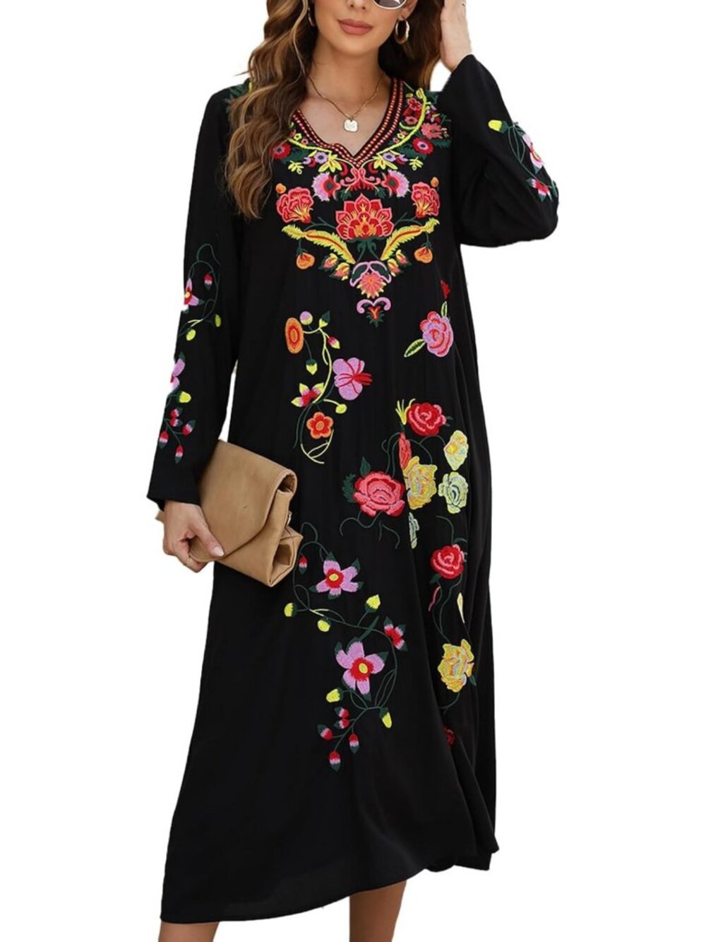 Boho Floral Embroidered Maxi Dress - Long Sleeve Mexican Peasant Style for Women